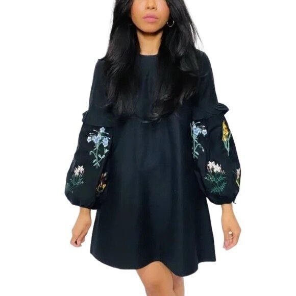 Zara Black Floral Embroidered Boho Mini Dress Large Balloon Ruffle Tie Sleeves - Picture 3 of 8